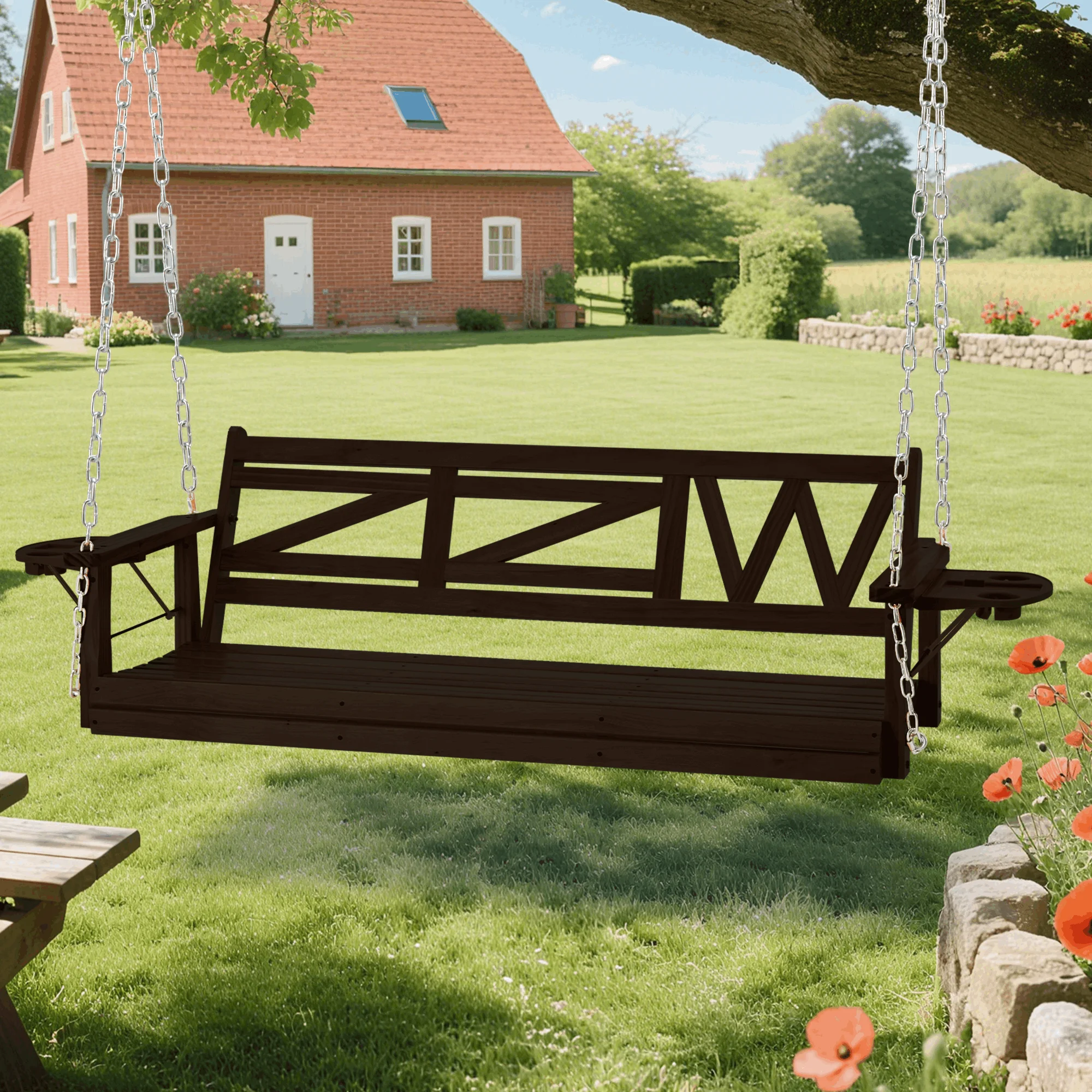 

Wooden Porch Swing with Stand, 800LB Capacity, 3-Seater with Cup Holders & Adjustable Chains for Garden, Patio, Balcony
