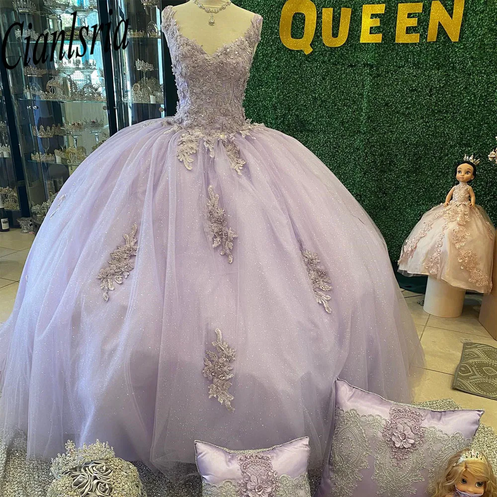 Lilac Ball Gown Quinceanera Dresses Lace Appliques  V Neck Vestidos De 15 años Court Train Puffy Sweet 16 Dress