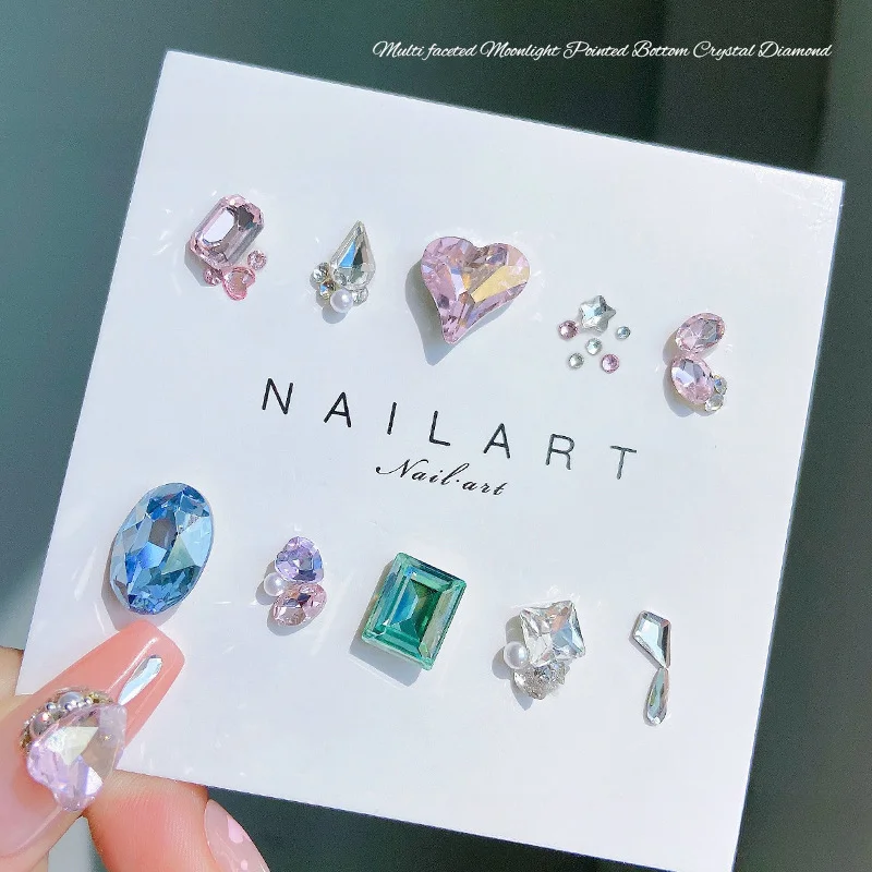 5pcs K9 Cristal Diamante Luxo Piscando Péssego Coração Quadrado Fantasia Colorido Apontado Inferior Jóias Decorações De Unhas