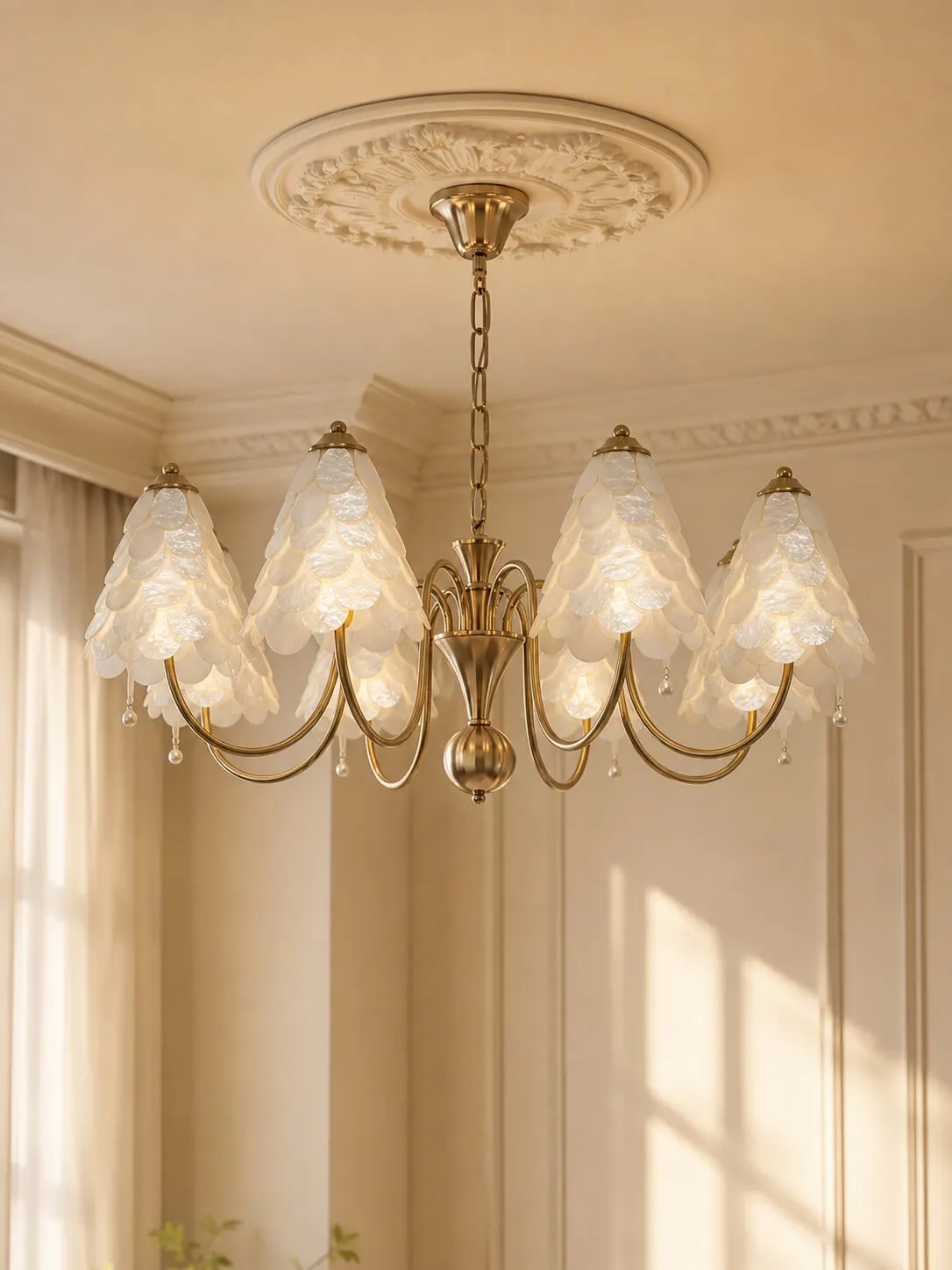 Light Cream Wind Living Room Dining Room Bedroom American Pastoral Atmosphere Main Light French Vintage Shell Scale Chandelier