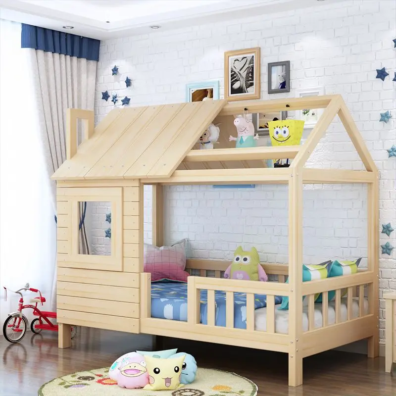 Children's Floor Bed Princess Boys and Girls Single Small House Tree House with Guardrail Shelf Separate Bed Artifact