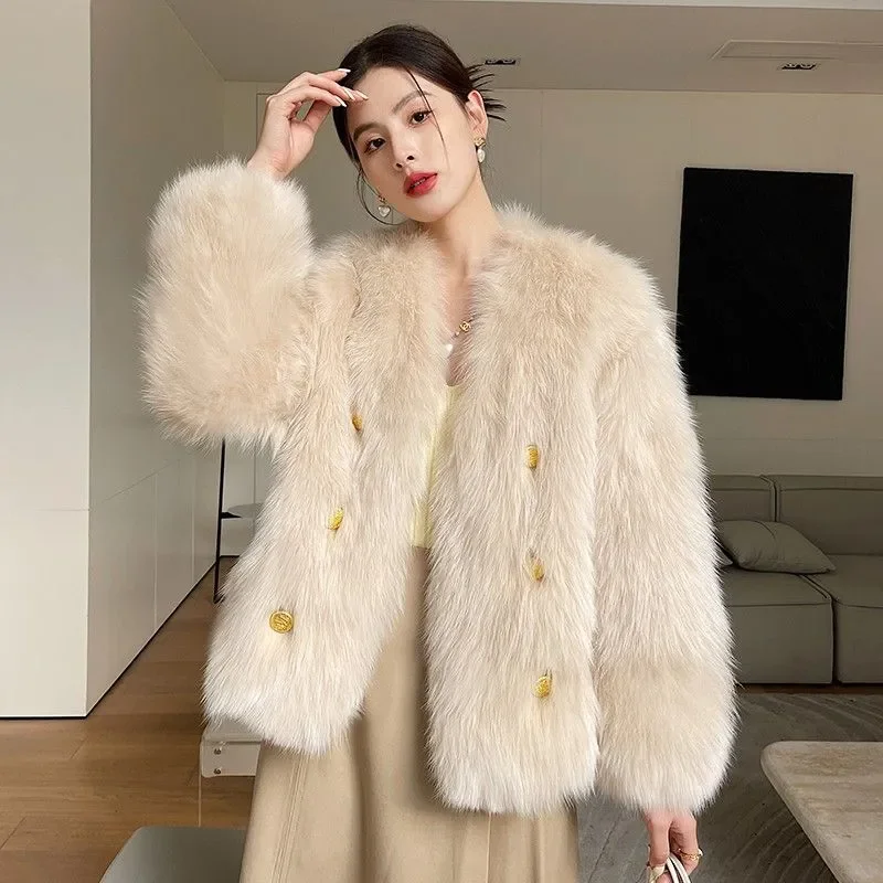 Elegant Womens Imitate Fox Furs Coats Loose New V Neck Plush Jackets Autumn Winter Warm Outerwear Korean Faux Fur coat