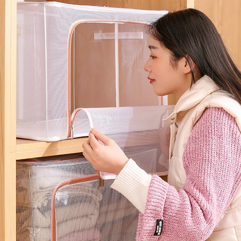 Boîte de rangement transparente avec cadre en acier, mallette de rangement pliable, conteneur T1 pour vêtements, grill, drap de lit, couverture, oreiller, chaussure
