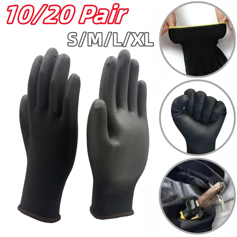 10 paia di guanti da lavoro rivestiti in PU ventilati, impugnatura eccellente, guanti da lavoro di sicurezza rivestiti in poliuretano nero con guscio in Nylon, polsino in maglia