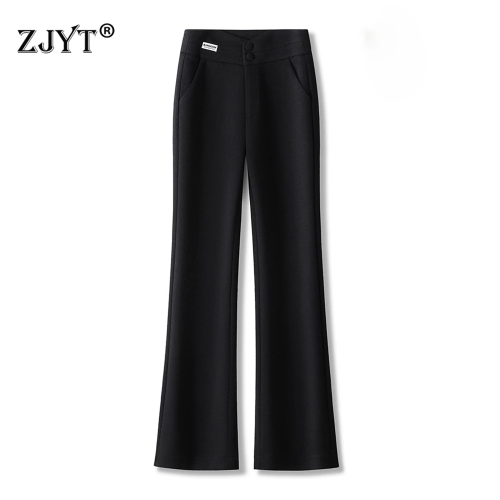 

ZJYT Высококачественные шерстяные расклешенные брюки для женщин, зимняя мода, однотонные черные повседневные брюки, брюки с высокой талией, женская одежда