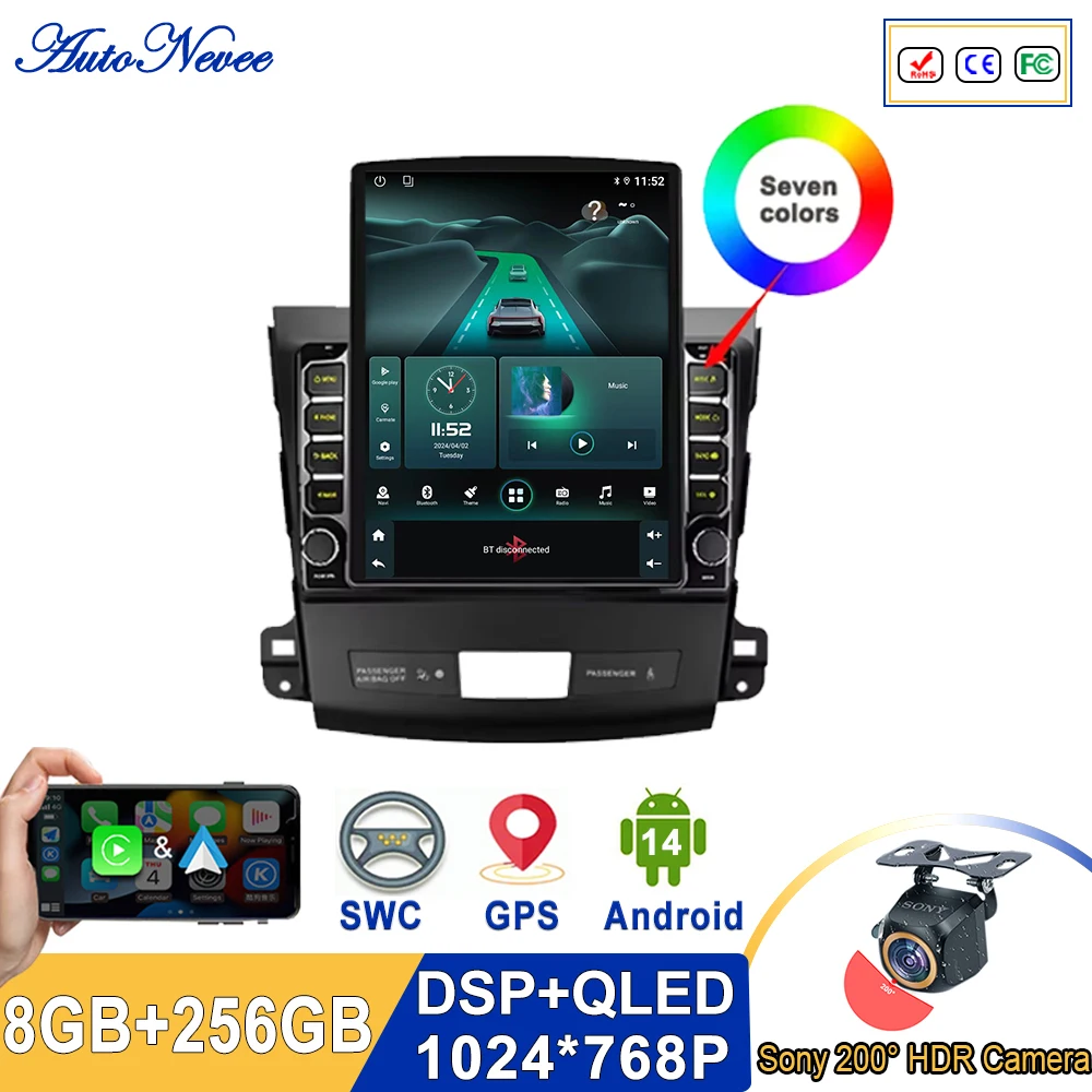9.7 Polegada tela android 14 para mitsubishi outlander 3 gf0w gg0w 2012 - 2018 rádio do carro carplay 4g reprodutor multimídia navegação
