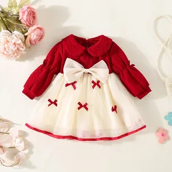 Spring and Autumn Baby Girl Dress Solid Color Dark Pattern Long Sleeve Top Splicing Butterfly Knot Mesh Dress for Girls