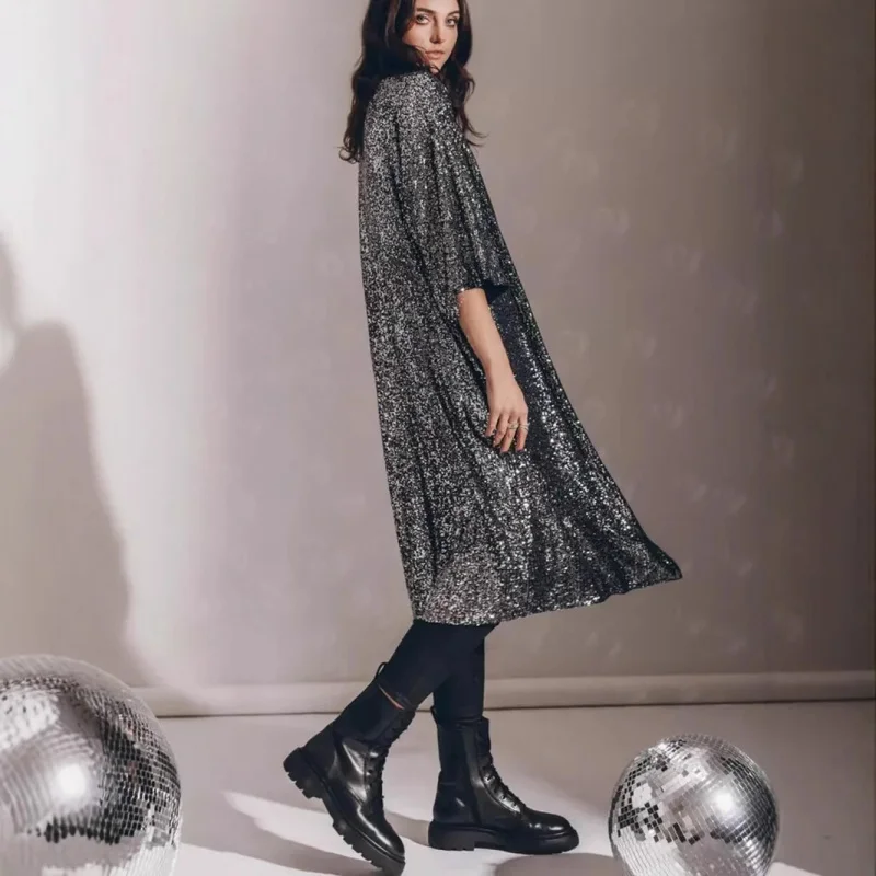 Fashionable casual sequin top party cardigan coat women, long style