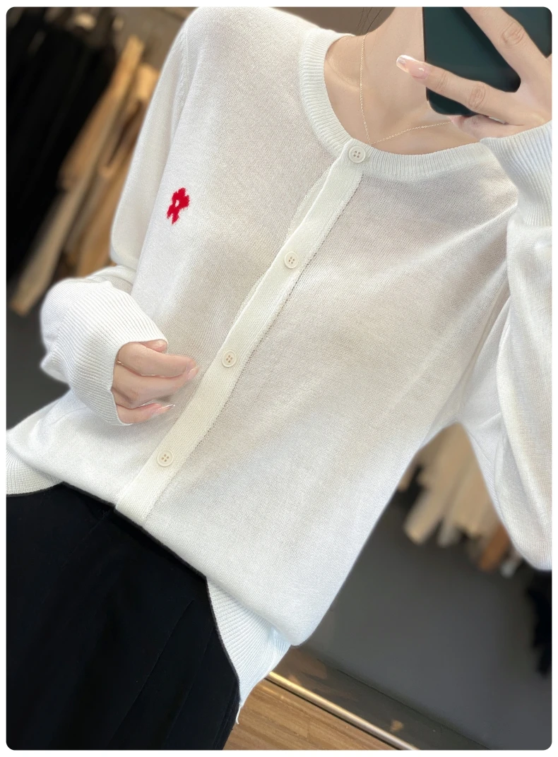 Fall Winter Merino Wool Cardigan O-Neck Long Sleeve Sweater Thin Knitted Outerwear Buckled Cardigan Stylish Leisure StyleWomen's