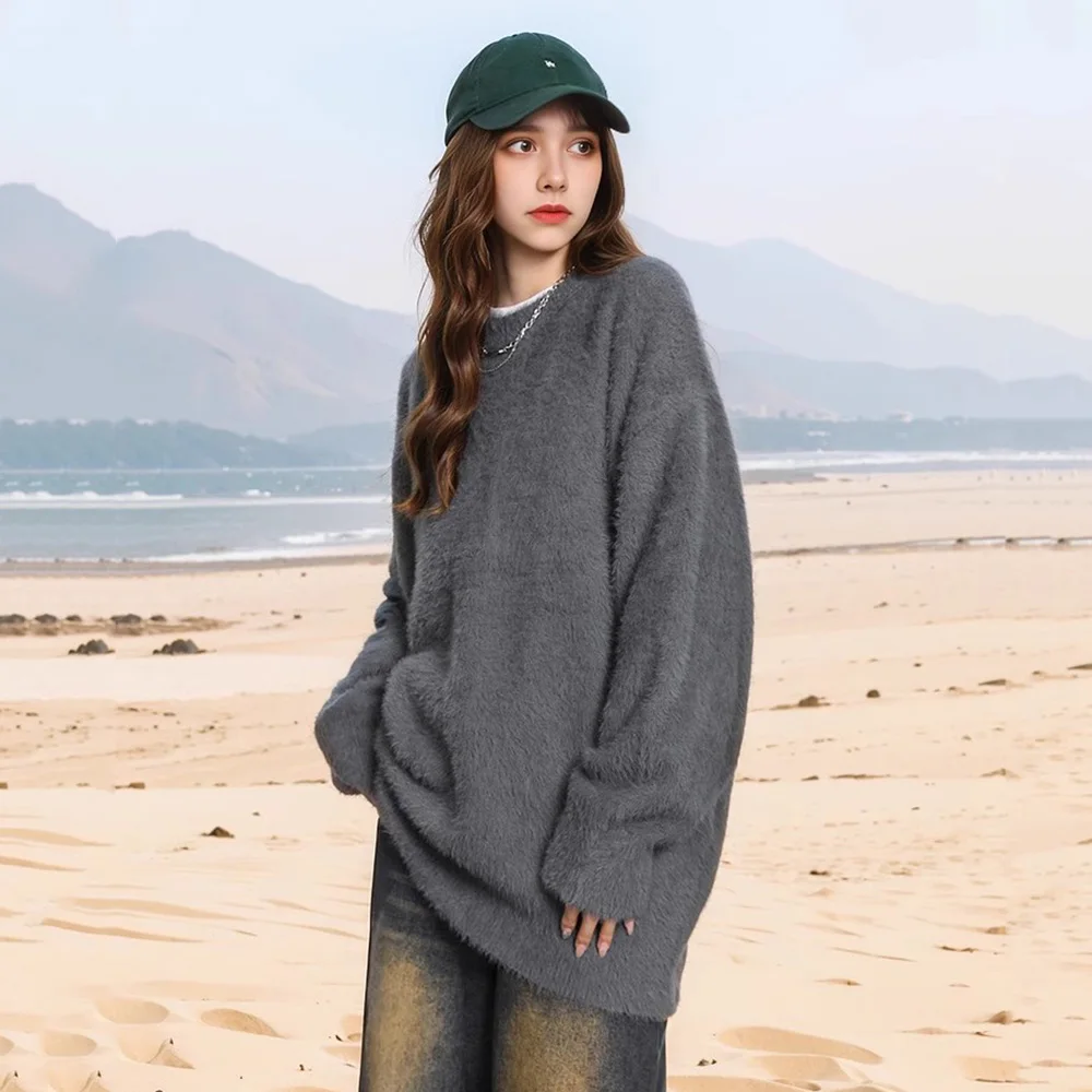 

New Women Autumn Winter Vintage Sweater Fashion O-Neck Long Sleeve Oversized Knitted Tops Casual Loose Pullover Sweater