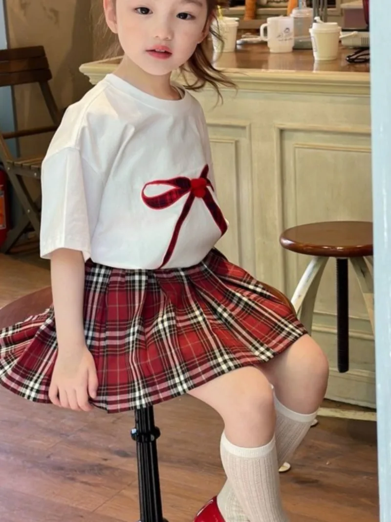 Girls' Bow Embellished Short Sleeve T-Shirt Plaid Pleated Skirt Set 2025 New Korean Style Schoolgirl Outfit Combo​