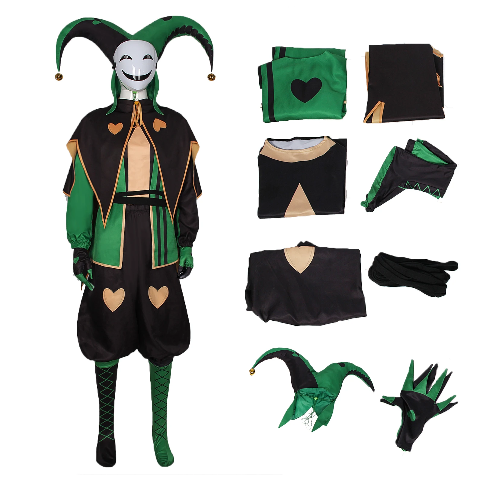 

Pierrot Cosplay Costume Men Green Circus Clown Uniform with Striped Socks Mask Hat Game Adult Halloween Outfit Set