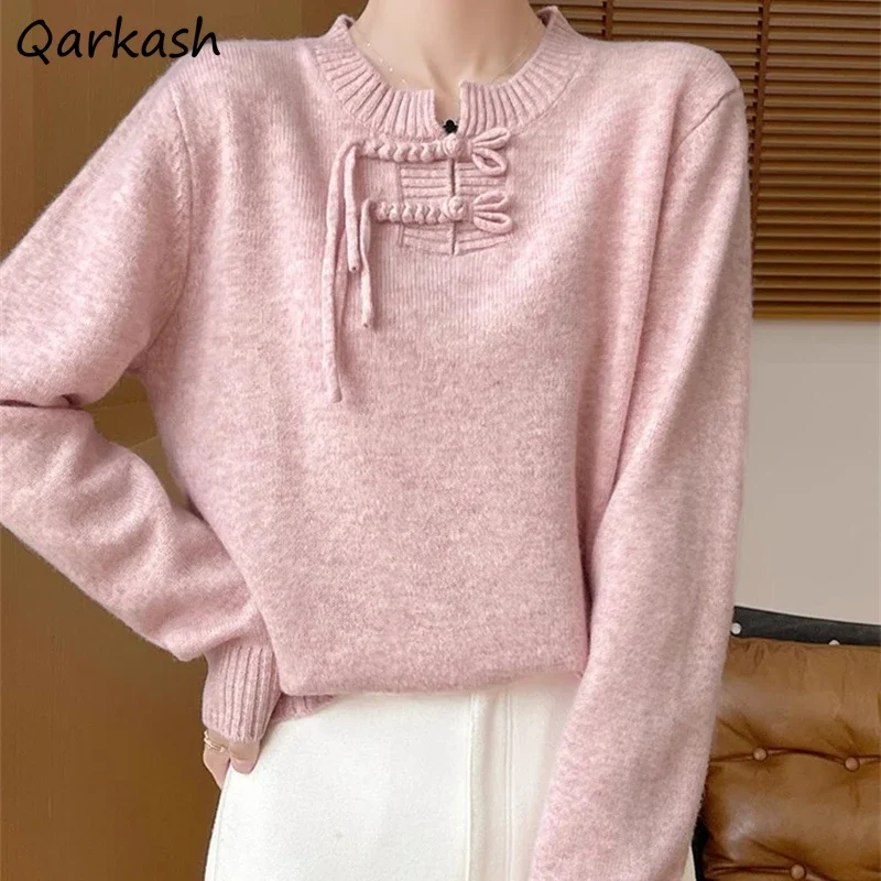 Chinese Style Pullovers Women Autumn Elegant Temperament Sweater Button Designed O-neck Knitted Cozy Streetwear Attractive Chic