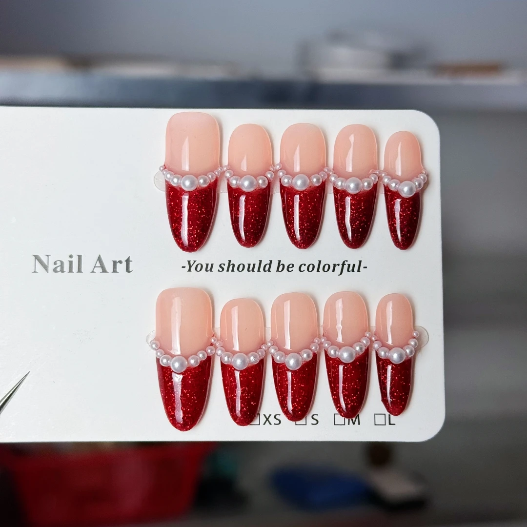 10pcs high-end Luxury-luxurious lady's style, hand-painted white pearls, dazzling red cat eyes handmade fake nails