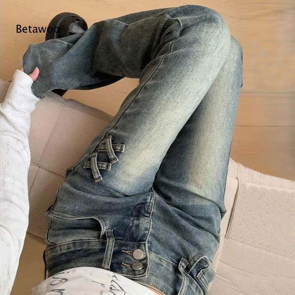 Women's Vintage Washed High Waist Lace Up Detail Slim Flare Jeans