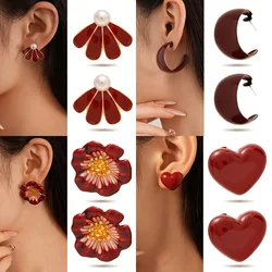 Lucky Red Color Flower Geometric Earrings for Women Double-sided Ball Heart Beads Stud Earrings New Year Party Earrings Jewelry