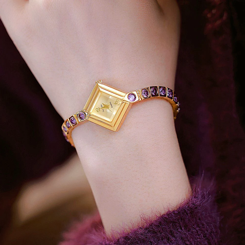 

Роскошные элегантные женские часы, модные нежные фиолетовые браслеты со стразами, квадратные женские кварцевые часы, аксессуары для платья