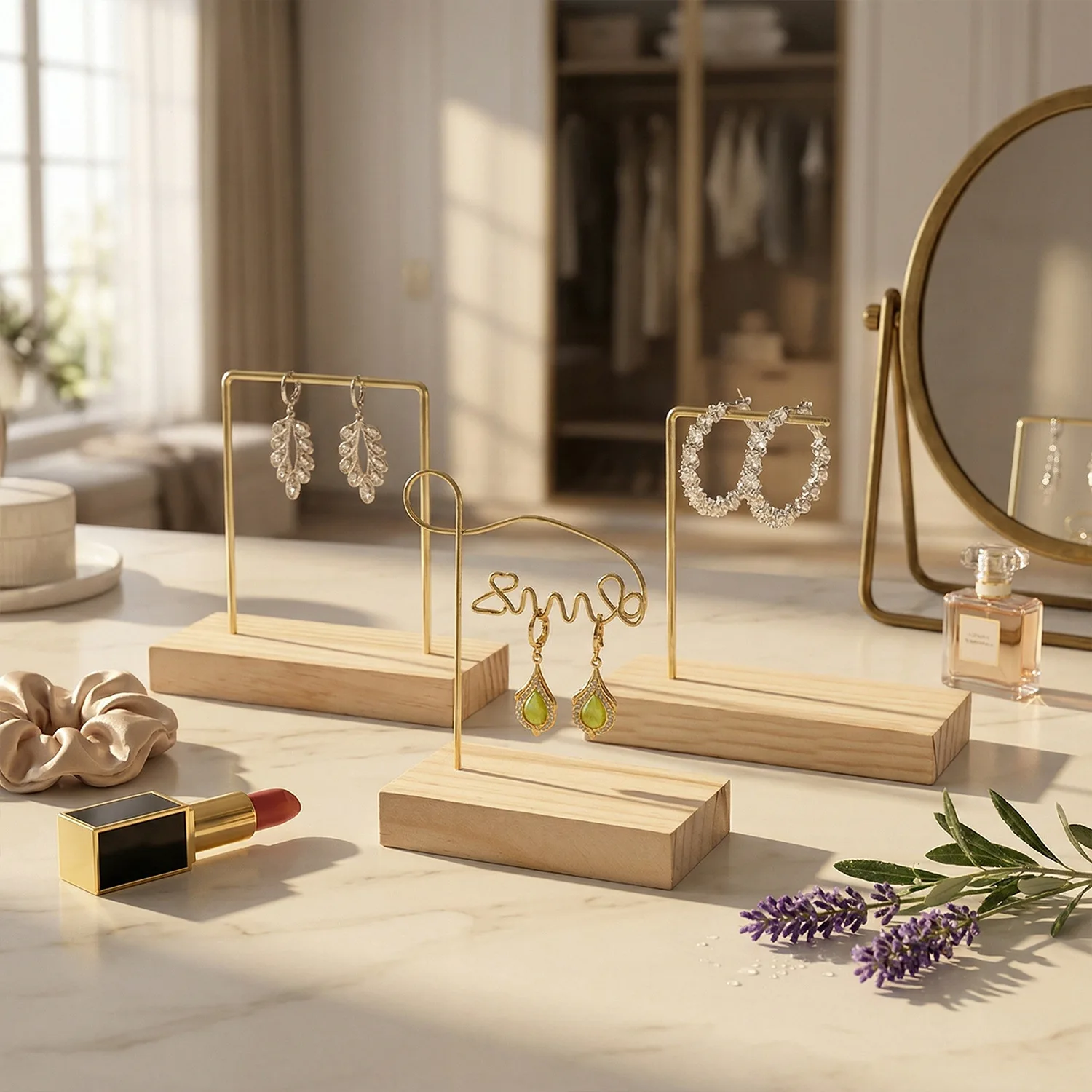 

1 Pcs golden metal earring display stands in Nordic minimalist style featuring metal brackets with wooden bases birthday Gift