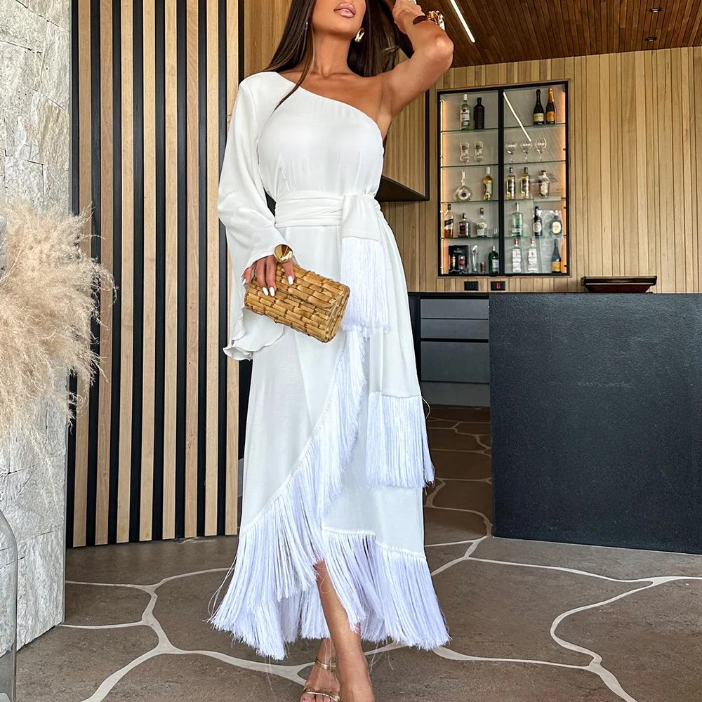 White Straight Jersey Long Sleeves One Shoulder Classic Celebrity Dress Tea Length Pleats Tassel Bespoke Occasion Gowns Classic