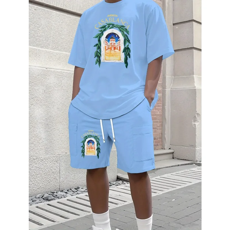 

Модные свободные повседневные удобные универсальные шорты с короткими рукавами и круглым вырезом AVENIDA CASBLANCA с 3D-печатью