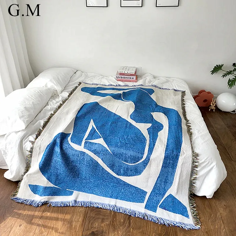 Blue Nudes Woven Throw Blanket,Vintage Abstract Art Tapestry with Tassels,Ins Sofa Throw Blankets Bed Cove Outdoor Camping Mat