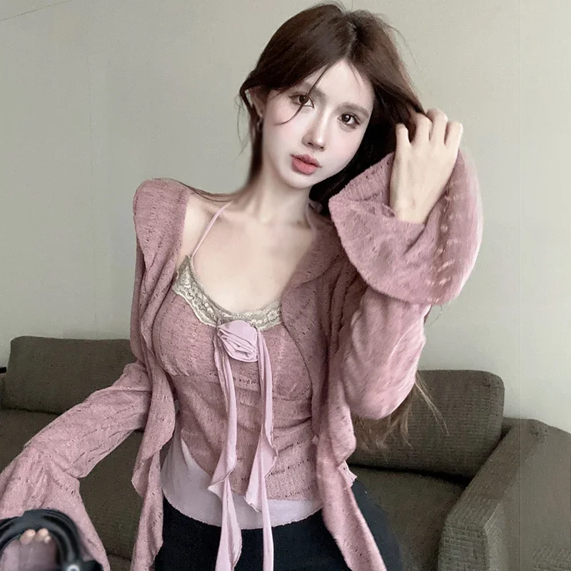 Women's Vest Suit Cardigan Coat Neck Strap Knitted Flared Long Sleeve Slim Fitting Designed Sexy Tops