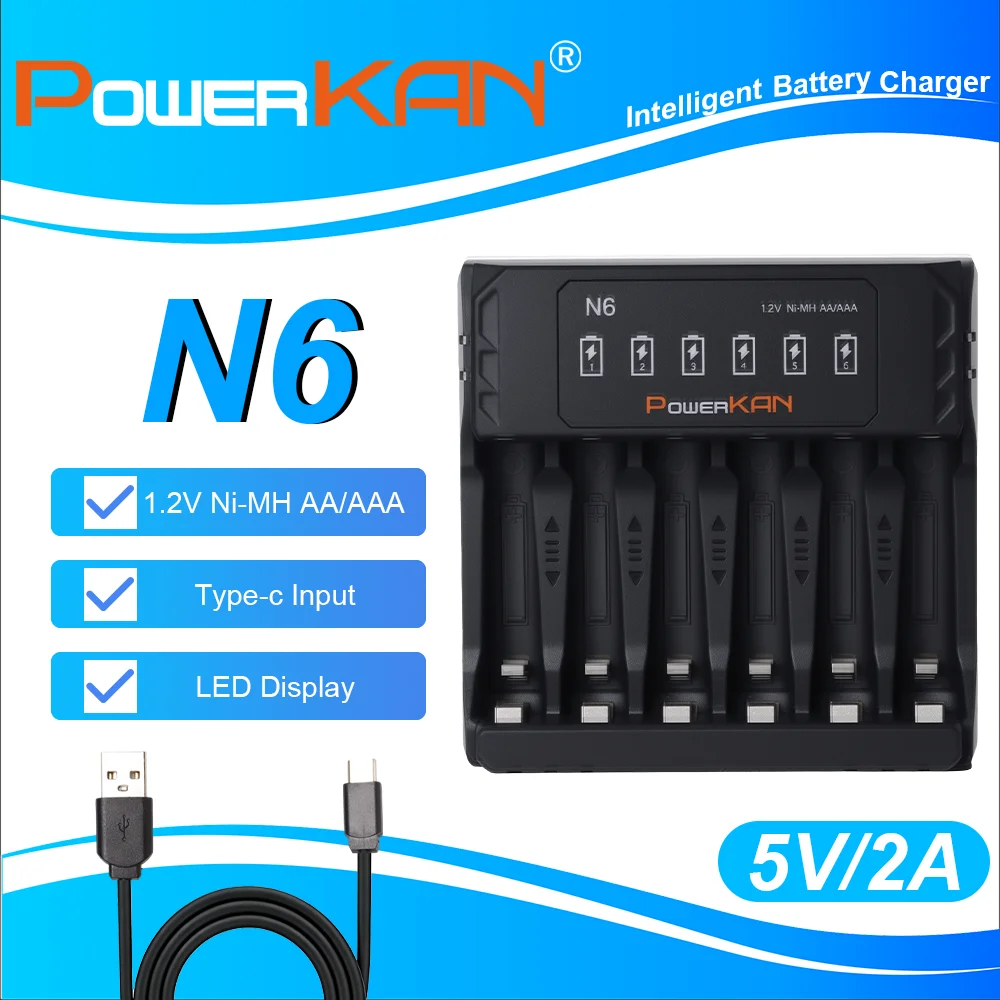 POWERKAN N6 6-Slot Battery Charger for 1.2V Ni-MH AA AAA Rechargeable Batteries USB-C 5V 2A LED Indicator