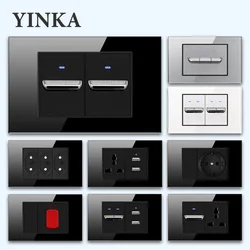 YINKA Tempered Glass Brazil Standard Black Outlet Dual USB Glass Socket Wall Switch With Socket 20A 10A Light Switch 118x72mm