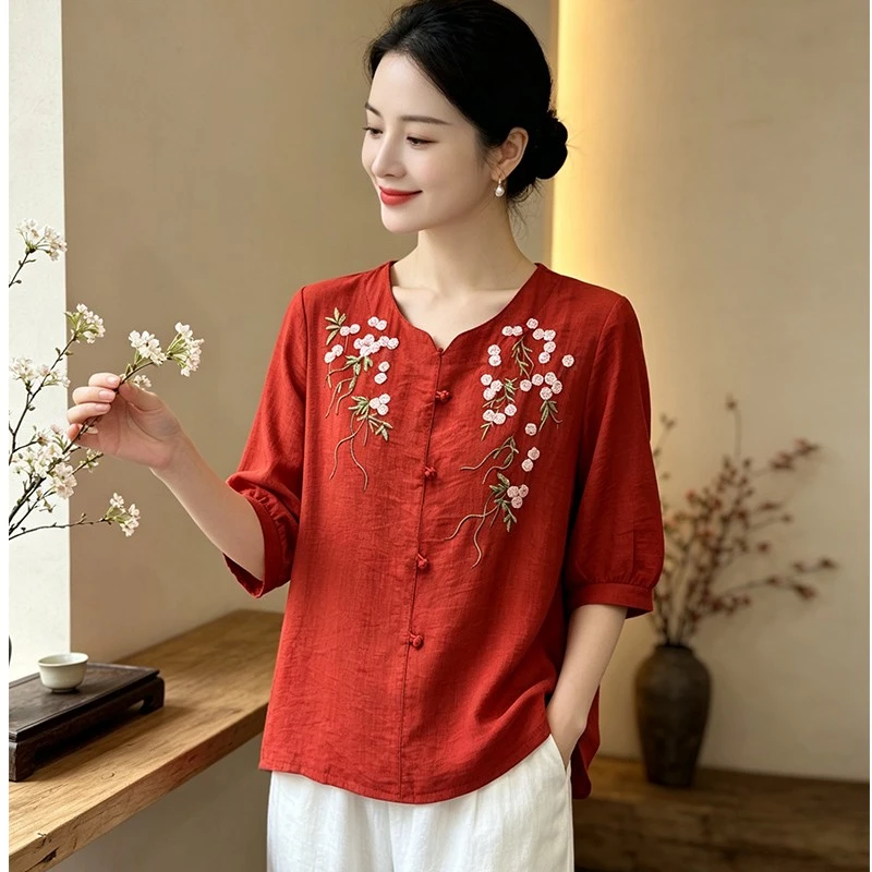Summer Female Clothing New Vintage Loose Casual Half Sleeve Blouse Women's Fashion Embroidery Spliced Solid Color V-Neck Shirt