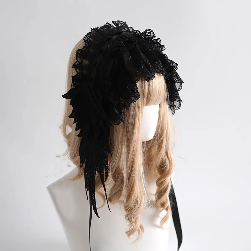 2 أنواع Harajuku الحجاب خوذة لوليتا القوطية الملاك ريشة أجنحة عقال الظلام ثقافة فرعية تأثيري الدانتيل إكسسوارات الشعر