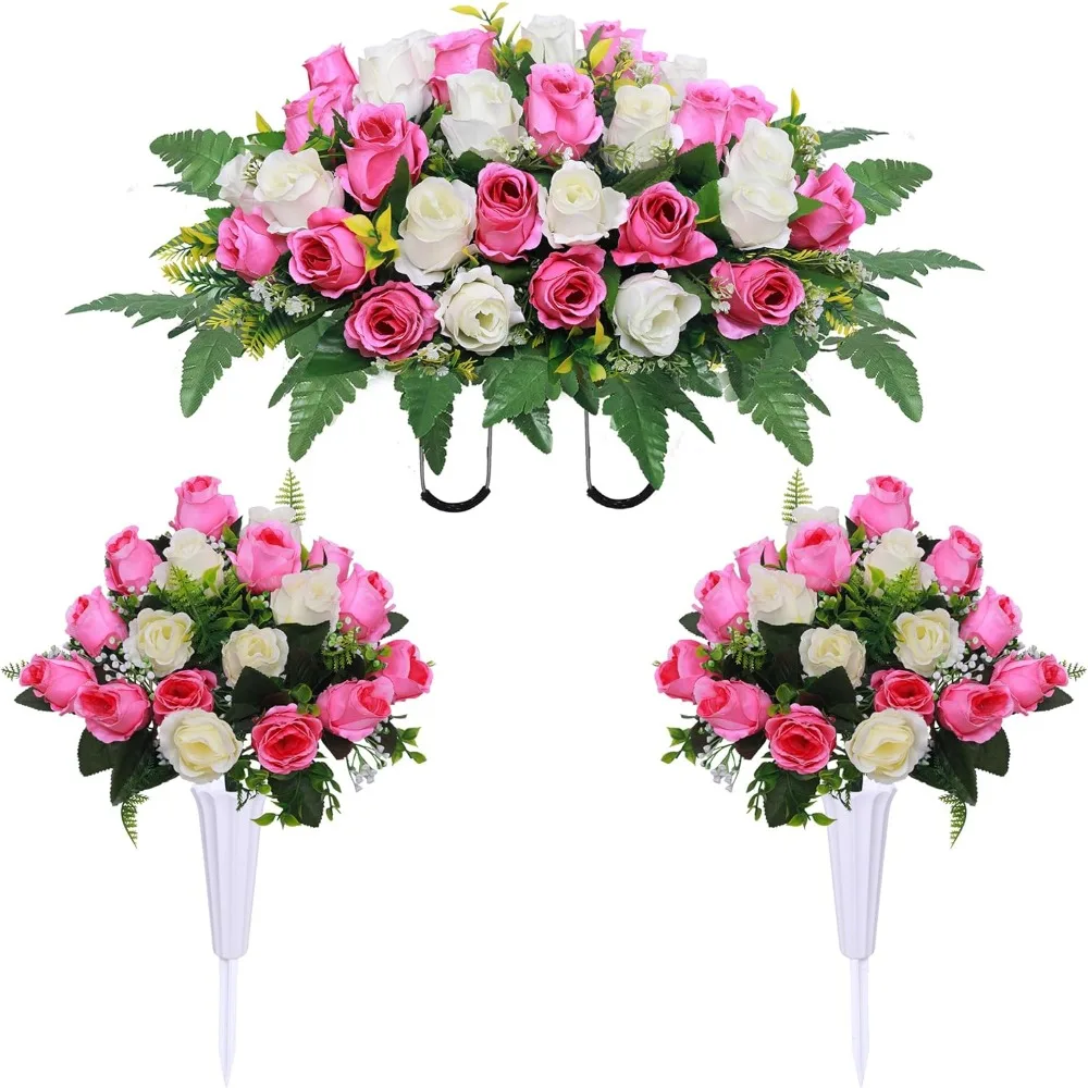 

3 Pcs Artificial Cemetery Flower Saddles, Rose Headstone Flower Saddle, (Pink White), Artificial Flowers