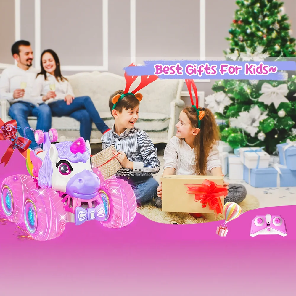 Coche acrobático Bigfoot con control remoto, coche acrobático RC de 2,4 GHz con luz LED y música, regalos de unicornio para niñas, regalos de cumpleaños al aire libre