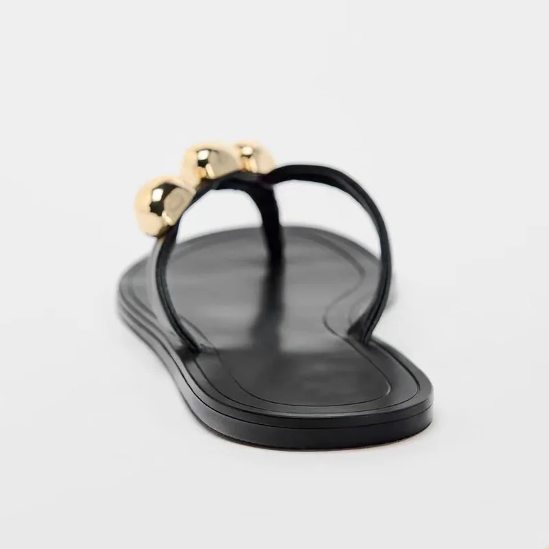 TRAF Women Black Flip Flop Flat Slippers Outdoor Summer Metal Decoration Leisure Sandals Round Head Pinch Toe Shoes For Woman