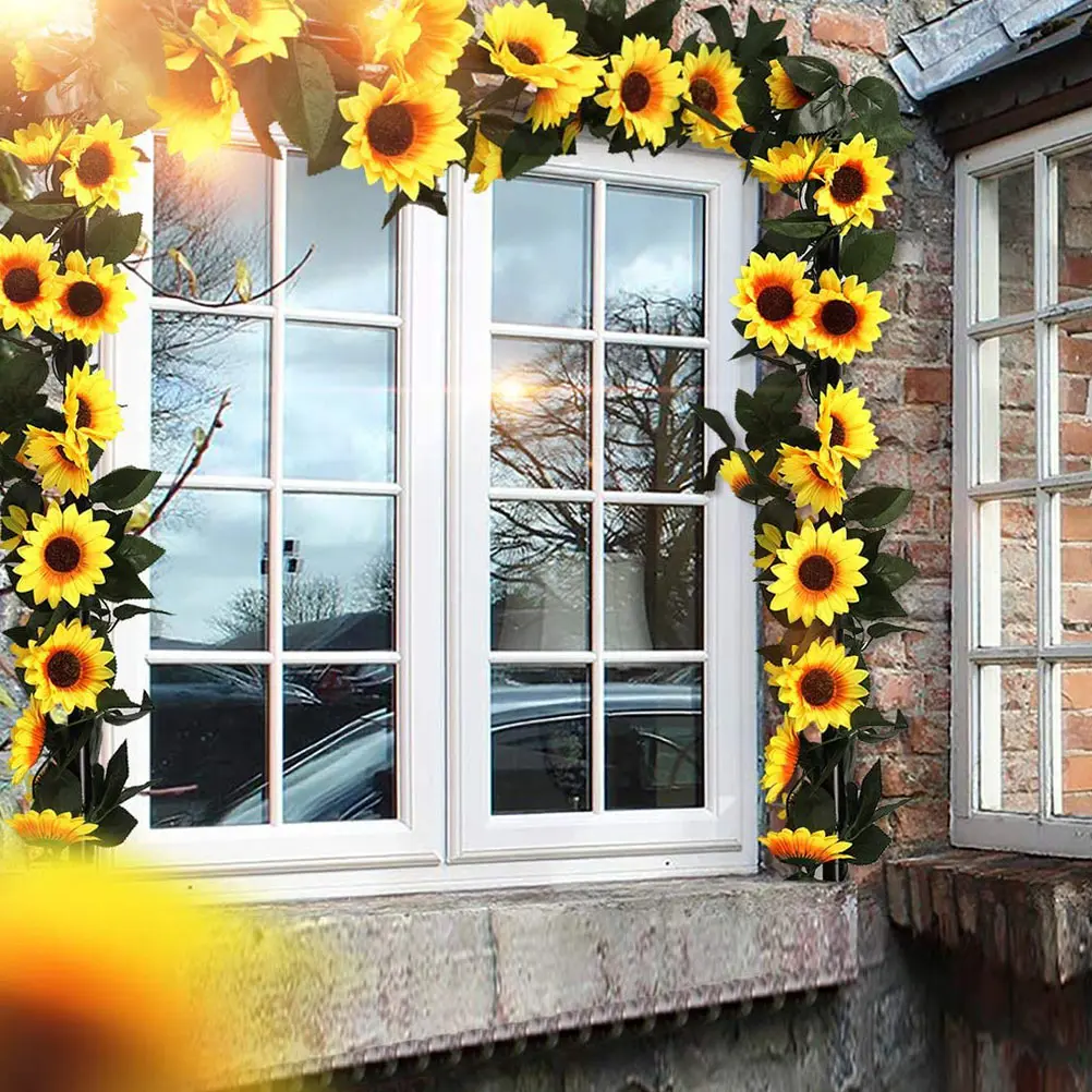 

Artificial Sunflower Decorative Wreath Green Leaf Fake Flowers Hanging Christmas Decoration Party Rattan