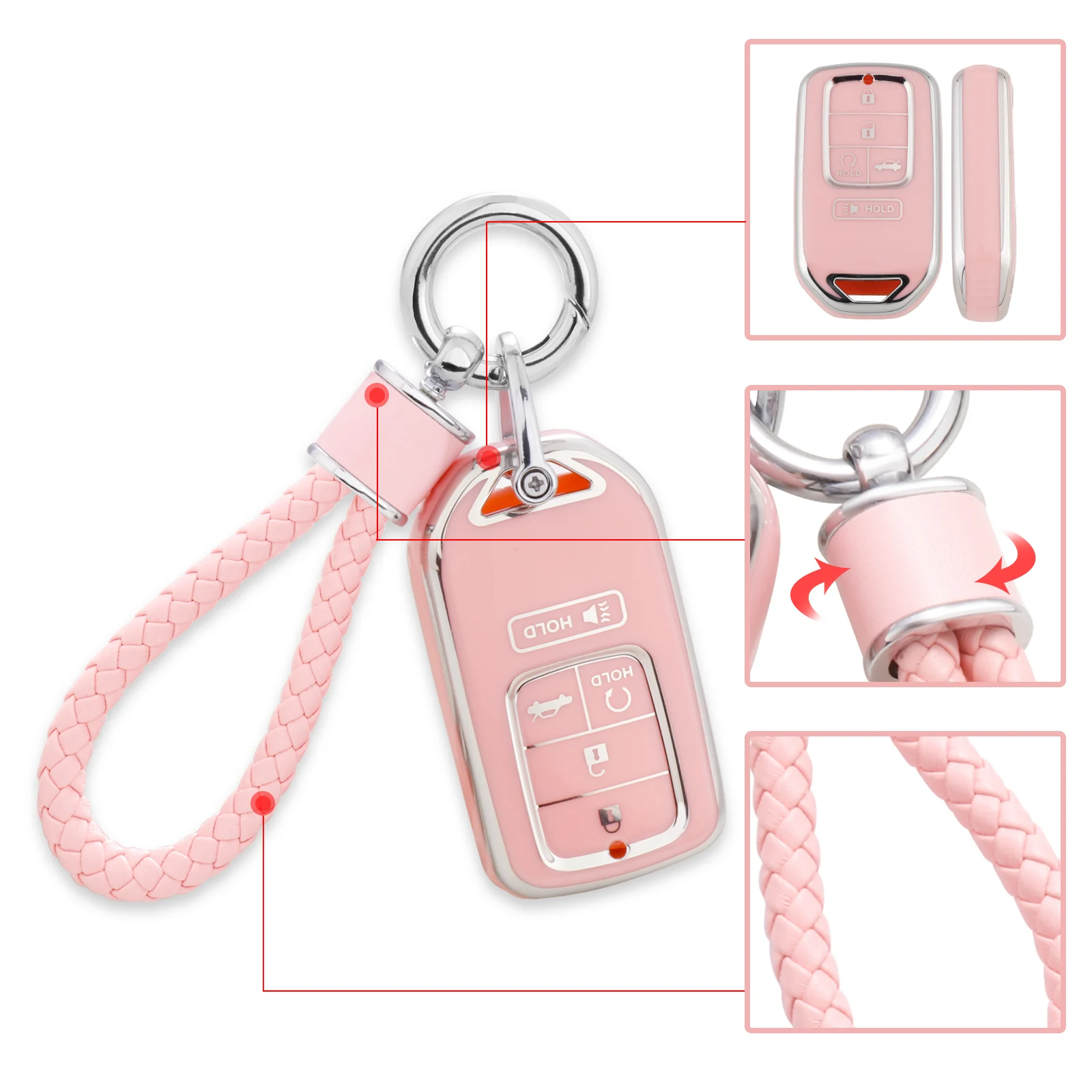 for Hond Key Fob Cover with Keychain, Pink Soft TPU Key Case Protection Fit for Accord Civic CRV Pilot Odyssey Smart Key Holder