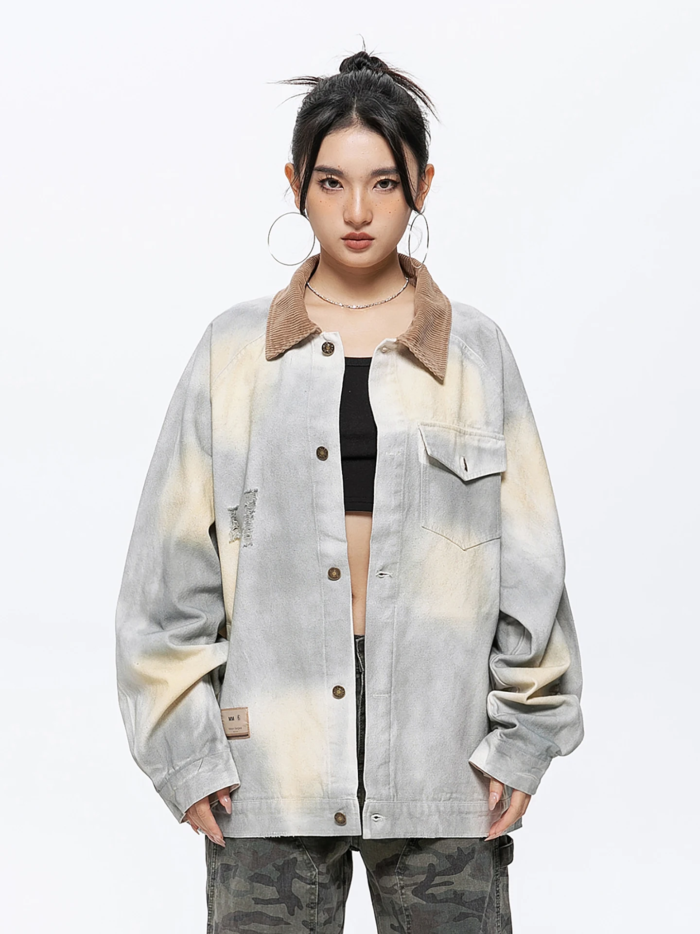 

Retro American Waed Tie Dye Denim Jaet Men's Spring Corduroy Patchwork Collar Workwear Jaet Youth Trend Cotton 00%