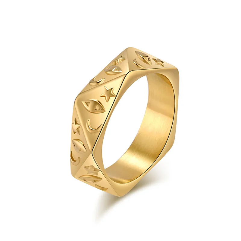 

7mm Moon Star Eyes Statement Ring Punk Stainless Steel Boho Gothic Rings Cool Jewelry for Women Men