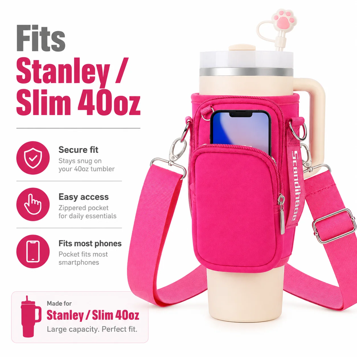40oz Water Bottle Carrier Bag with Phone Pocket Adjustable Shoulder Strap Tumbler Holder Pouch for Stanley Cup Sleeve view 5