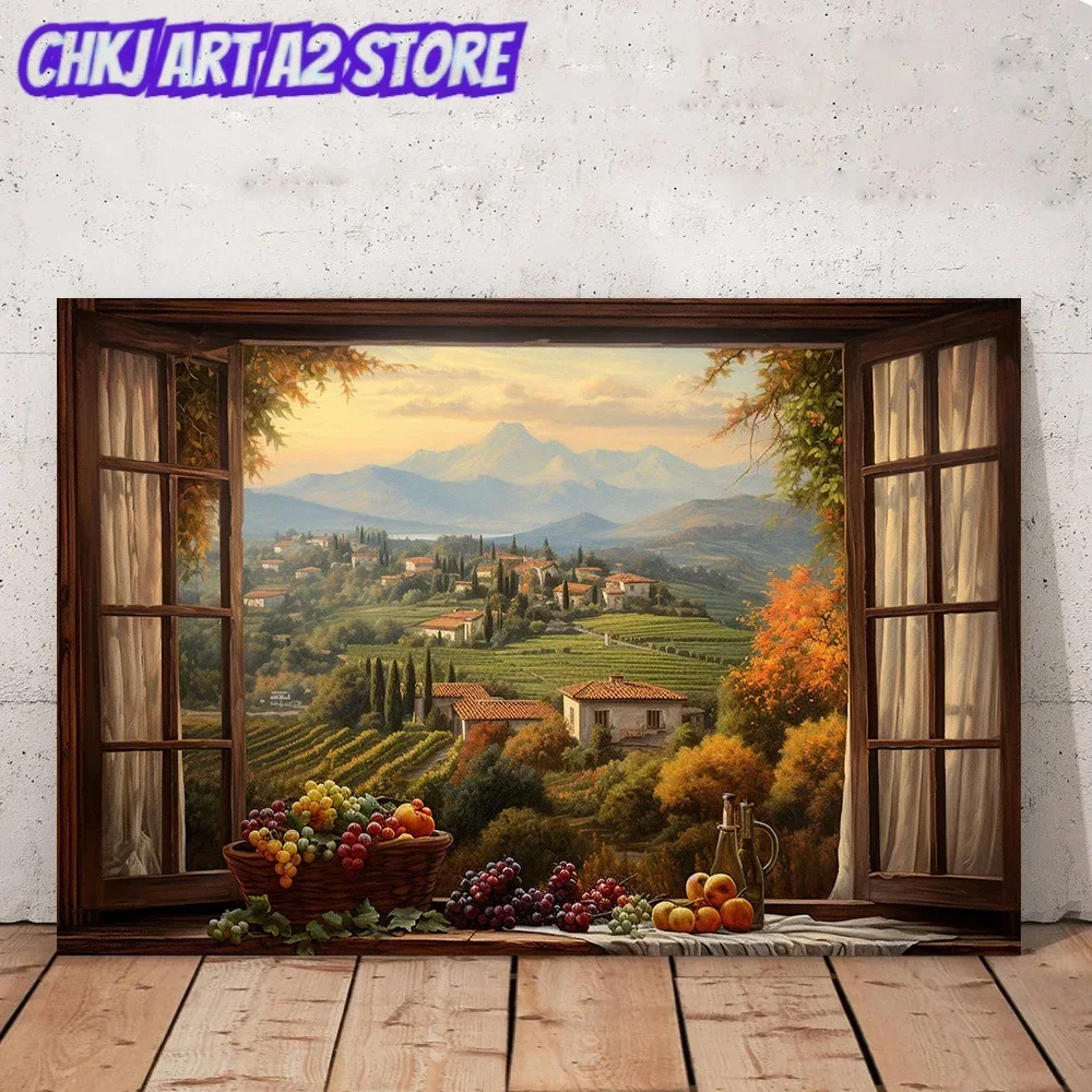 Open Window with Tuscany View Farmhouse Scenery From The Window Canvas Painting Poster Print Home Room Wall Art Frameless