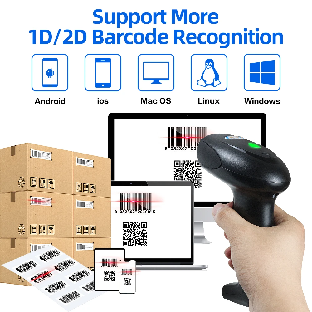 NEW Barcode Scanner 1D/2D Data Matrix Bar Code Scanner Wired/Wireless/Bluetooth Supermarket Industry Handheld Bar Code Reader