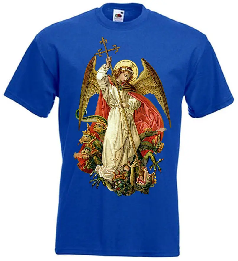 St. Michael The Archangel Destroy Devil. Christian Catholic Statue T-Shirt. Summer Cotton Short Sleeve O-Neck Mens T Shirt New