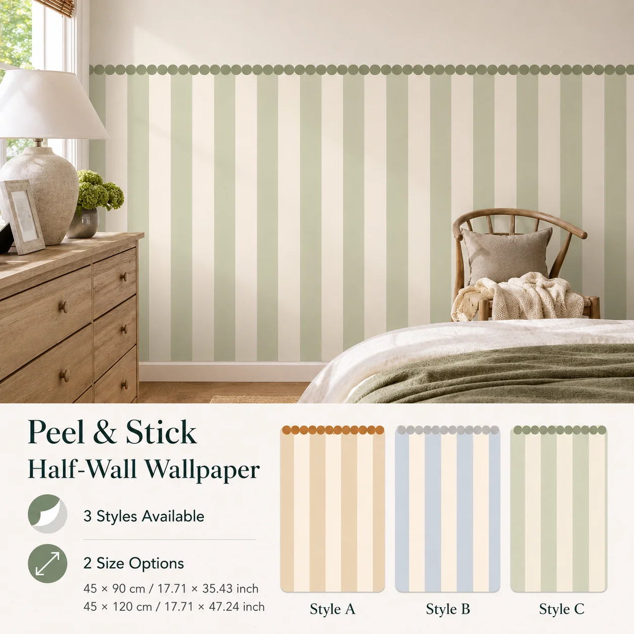 Vertical Striped Self Adhesive Half Wall Wallpaper Removable Waterproof Wall Decor Sticker 3 Tones 2 Sizes