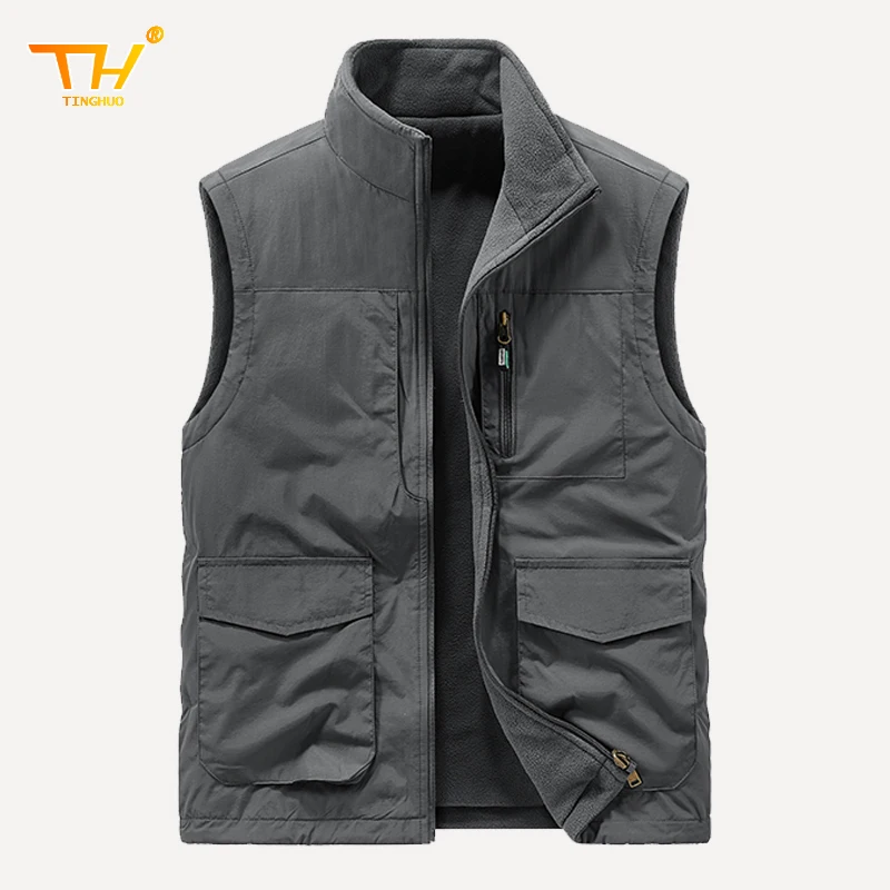 TINGHUO Winter men's vest coat double-sided multi-pocket sleeveless jacket mens outdoor fishing warm waist coat