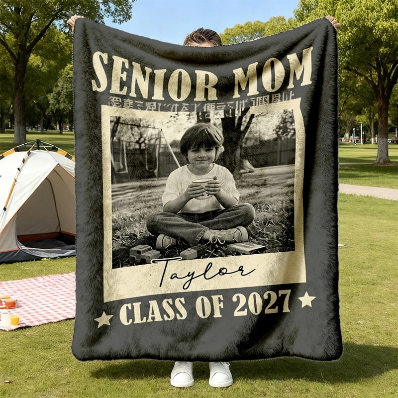  Senior Mom 2027 Flannel Blanket, Custom Photo Class Of 2027 Flannel Throw, Graduation 2027 Mom Sweater