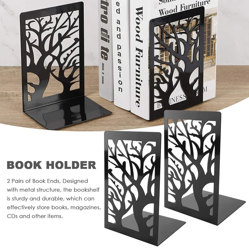 Metal Book End Prateleira Spine, Fim do livro antiderrapante, Fim decorativo do livro, 2 pares