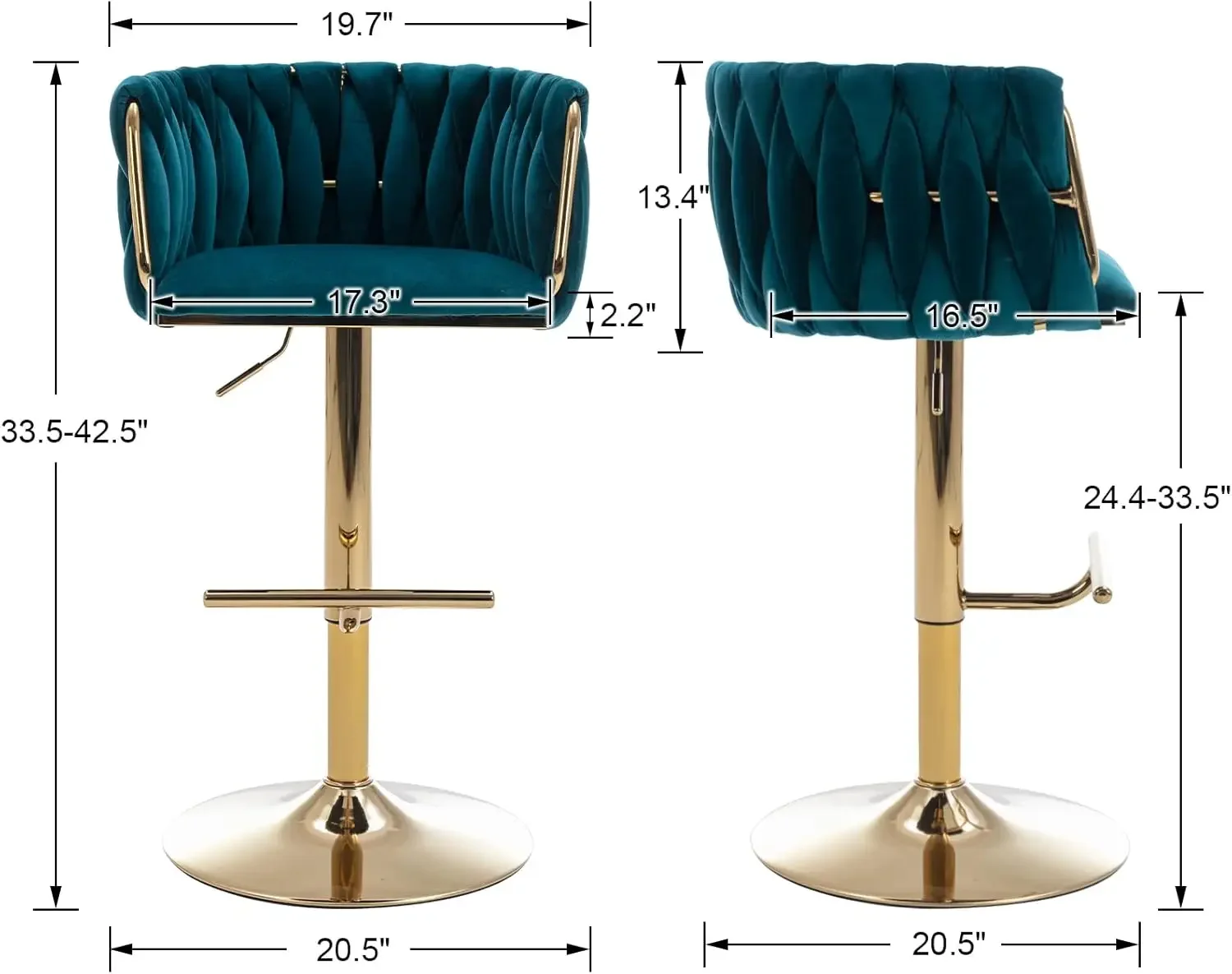 DUOMAY Juego de 2 taburetes de bar giratorios modernos, taburete de bar de altura ajustable de terciopelo con respaldo de barril, silla de bar para encimera de isla de cocina wi