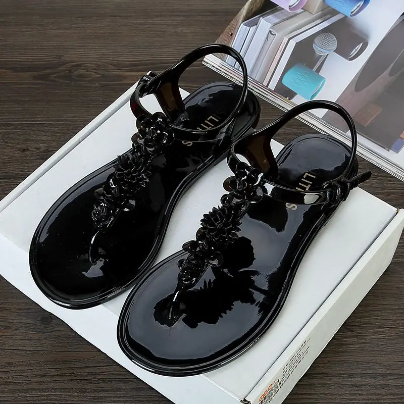 Sandals for Woman with Low Heels Summer 2024 Black Women\'s Shoes Plastic Footwear Flip-flops Beach Pvc New Breathable Fashion H