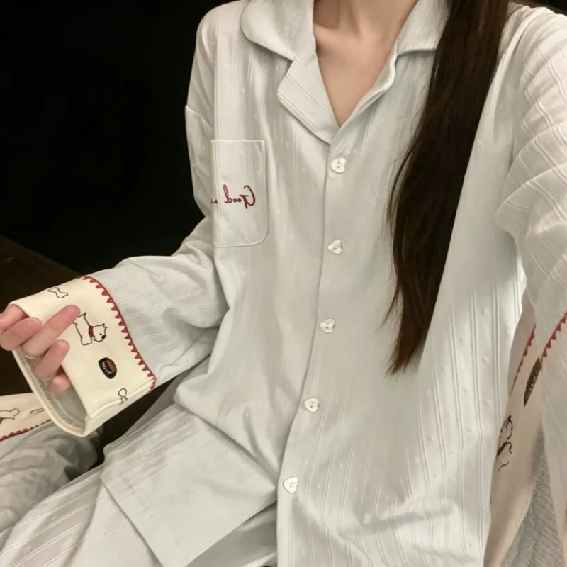 Autumn Women 2‑Piece Pajamas Set Cute Dog Embroidery Jacquard Korean Style Soft Cozy Sleepwear Home Loungewear For Daily Wear