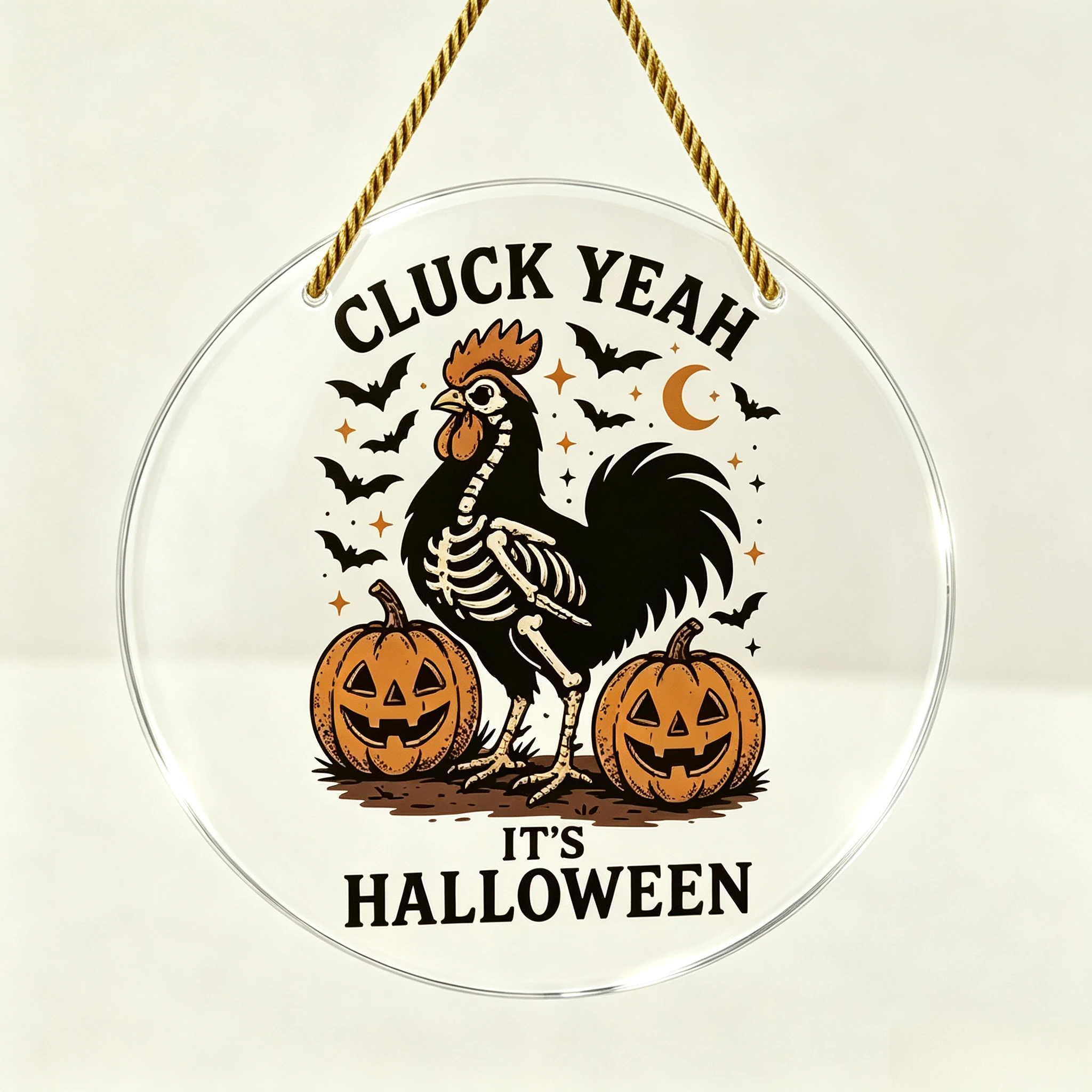 Cluck Yeah It's Halloween Round Acrylic Hanging Sign, Skeleton Rooster Pumpkin Door Decor