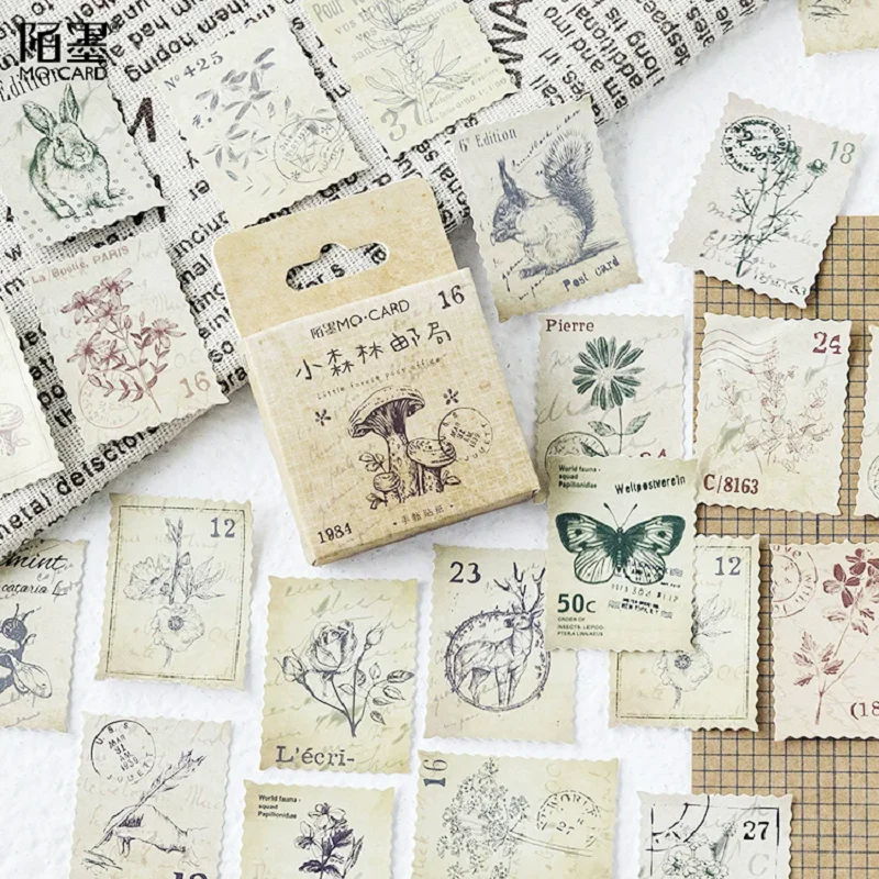 45PCS Vintage Forest Stamp Boxed Stickers Retro Squirrel Rabbit Butterfly Plant Decorative Sticker Pack DIY Craft Decoration